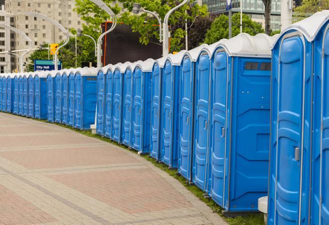 a line of portable restrooms set up for a wedding or special event, ensuring guests have access to comfortable and clean facilities throughout the duration of the celebration in Allen Park